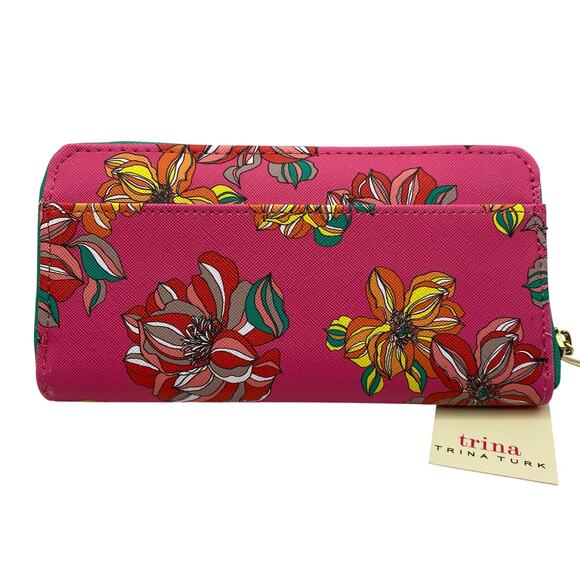 Trina Turk Floral Zip Around‎ Wallet Clutch Hot Pink Kelly Green Cottagecore NWT - Picture 2 of 6
